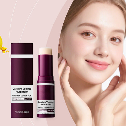 Viareline Calcium Volume Multi Balm Wrinkle Core Stick with box, applied by a woman with smooth skin